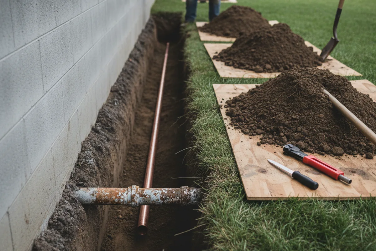 Excavated water line trench during Sewer Line Repair in Athena
